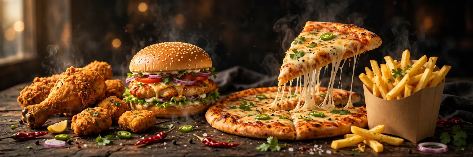 Pakistani fast food spread - fried chicken, burgers, pizza and fries